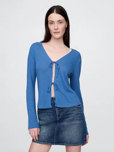 Gap Linen-blend Tie-front Cardigan In Peninsula Blue