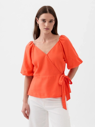 Gap Linen-blend Wrap Top In Blood Orange