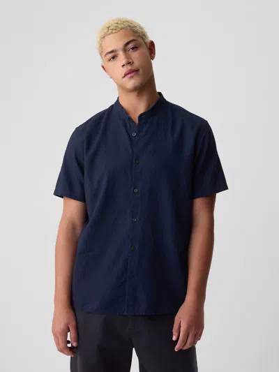 Gap Linen-cotton Collarless Shirt In Dark Indigo