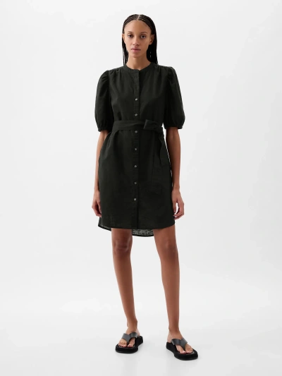 Gap Linen-cotton Puff Sleeve Mini Shirtdress In Black