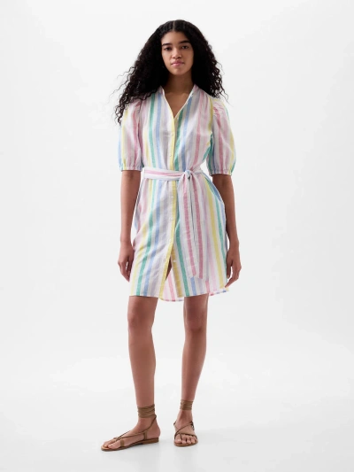 Gap Linen-cotton Puff Sleeve Mini Shirtdress In Multi Color Stripe