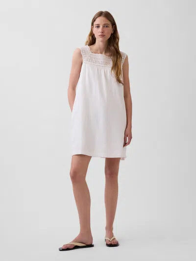 Gap Linen-blend Crochet Yoke Mini Dress In Off White
