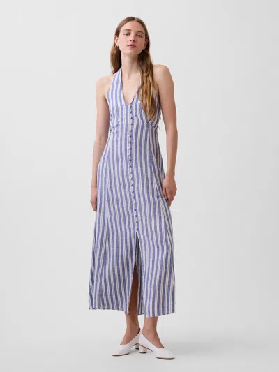 Gap Linen-blend Halter Maxi Dress In Blue Stripe