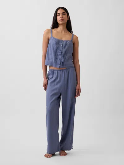 Gap Linen-blend Lace-hem Pj Pants In Blue