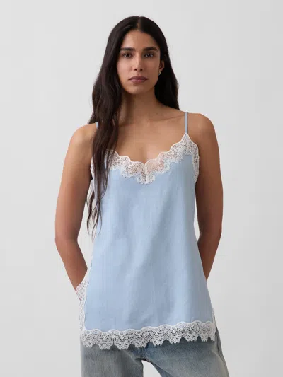 Gap Linen-blend Lace-trim Cami In Blue