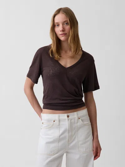 Gap Linen-blend Relaxed V-neck T-shirt In Brown