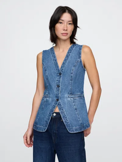 Gap Longline Denim Vest In Medium Wash