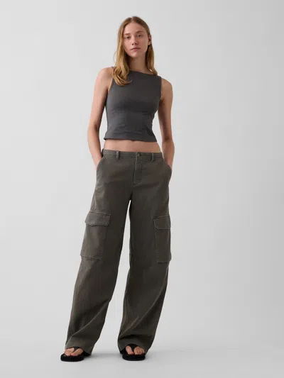 Gap Low Rise Twill Baggy Barrel Cargo Pants In Black Moss Green