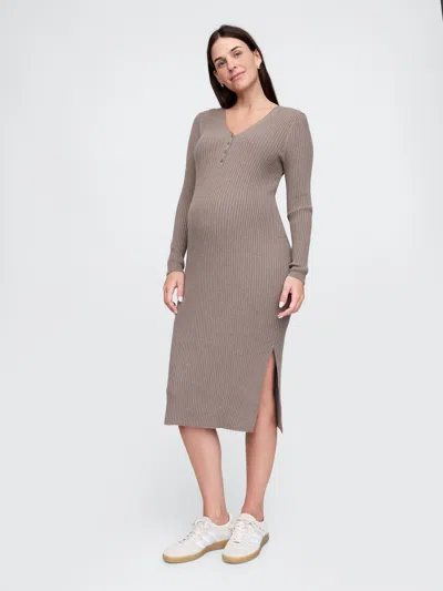 Gap Maternity Cashsoft Rib Henley Midi Sweater Dress In Plymouth Rock Brown