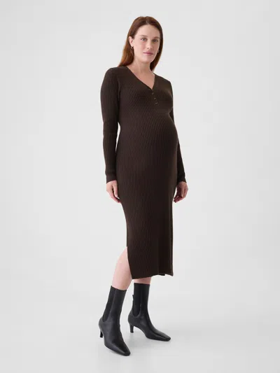 Gap Maternity Cashsoft Rib Henley Midi Sweater Dress In Terra Brown