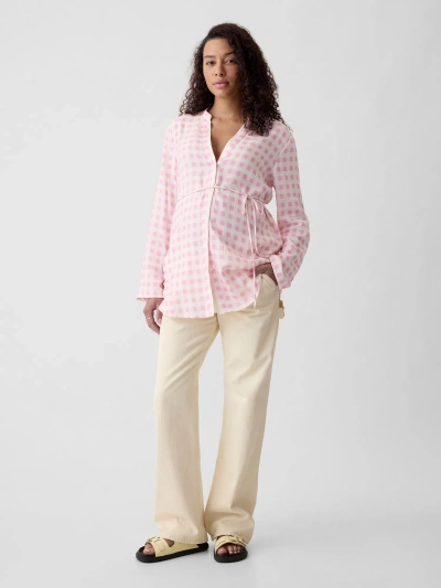 Gap Maternity Linen-blend Shirt In Pink Gingham