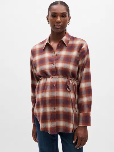 Gap Maternity Tie-waist Plaid Shirt In Brown Plaid
