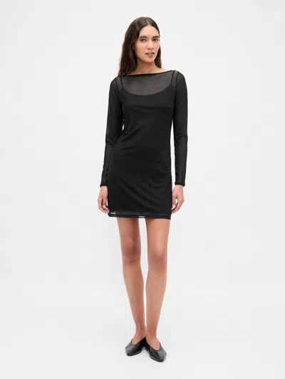 Gap Mesh Boatneck Mini Dress In Black