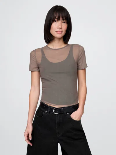 Gap Mesh Cropped T-shirt In Plymouth Rock Brown