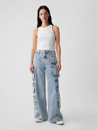 Gap Mid Rise Cargo Baggy Jeans In Light Indigo