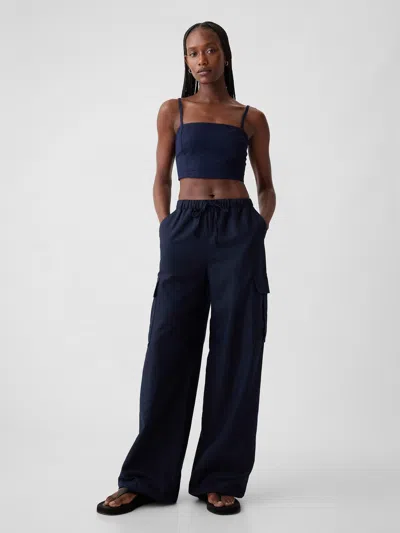 Gap Mid Rise Linen-cotton Pull-on Cargo Pants In Navy Blue