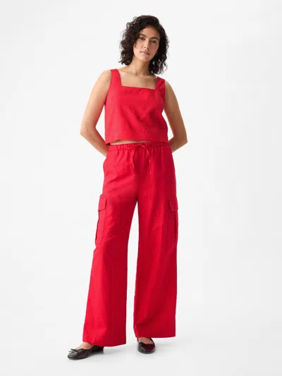 Gap Mid Rise Linen-cotton Pull-on Cargo Pants In Slipper Red