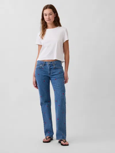 Gap Mid Rise Relaxed Embroidered Straight Jeans In White
