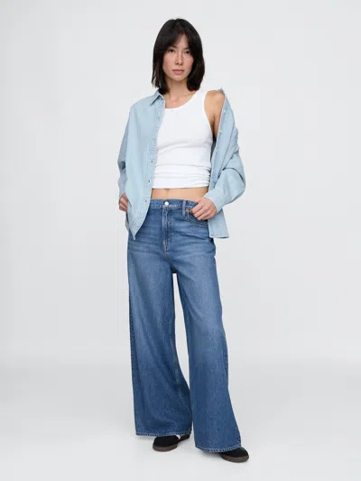 Gap Mid Rise Ultrasoft Crop Baggy Jeans In Medium Indigo