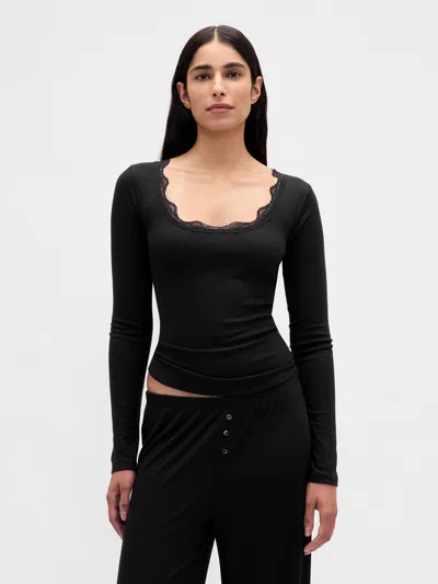 Gap Mini Rib Lace-trim Pj Top In Black