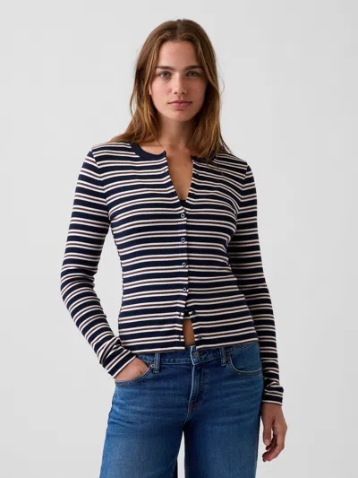 Gap Modern Crewneck Cardigan In Navy Blue Stripe