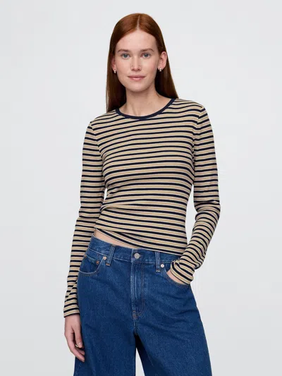 Gap Modern Rib Cropped T-shirt In Black And Khaki Tan Stripe