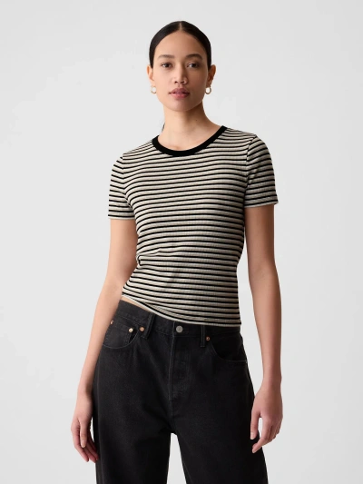 Gap Modern Rib Cropped T-shirt In Black & Khaki Tan Stripe