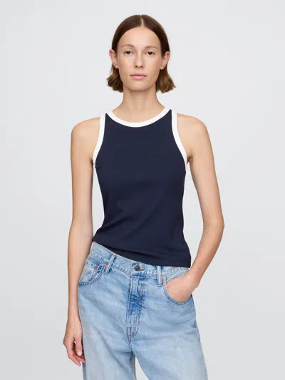Gap Modern Rib Halter Tank Top In Navy Blue With White Trim