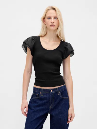 Gap Modern Ruffle Puff-sleeve Crop T-shirt In Black