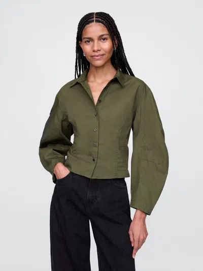 Gap Organic Cotton Poplin Barrel-sleeve Cropped Shirt In Olive Green