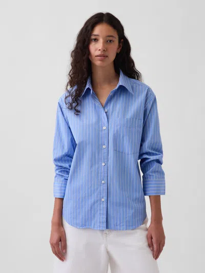 Gap Organic Cotton Poplin Oversized Ruched-sleeve Shirt In Blue & White Stripe