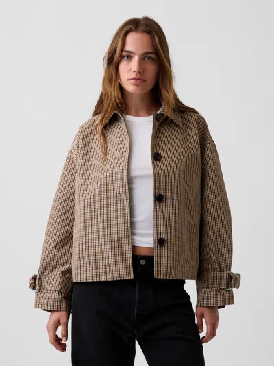 Gap Oversized Crop Trench Jacket In Brown Plaid