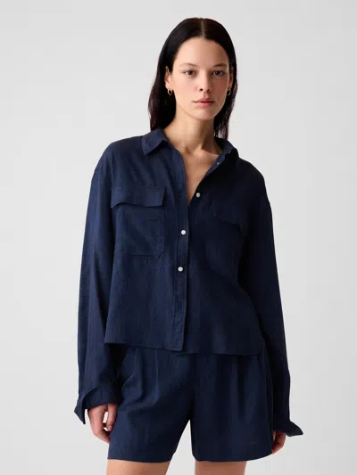 Gap Oversized Linen Cropped Shirt In Dark Blue Indigo