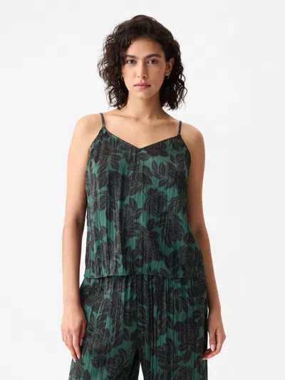 Gap Pleated Satin Cami In Green & Black Floral