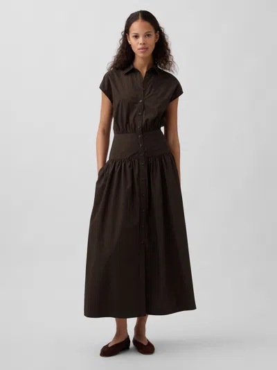 Gap Poplin Drop-waist Maxi Shirtdress In Brown