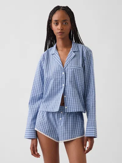 Gap Poplin Oversized Crop Pj Shirt In Blue Plaid