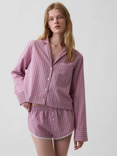 Gap Poplin Oversized Crop Pj Shirt In Pink Plaid