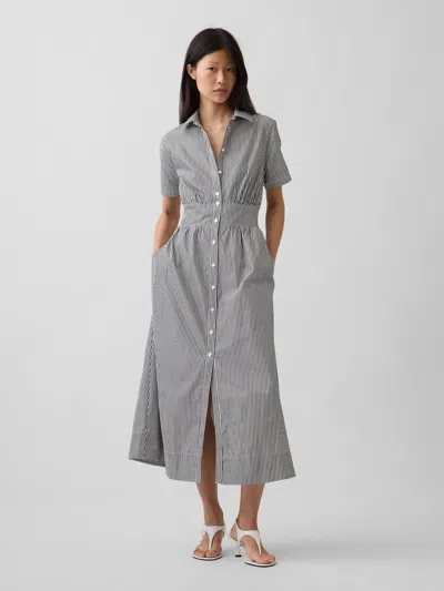 Gap Poplin Smocked-waist Maxi Shirtdress In Black & White Stripe