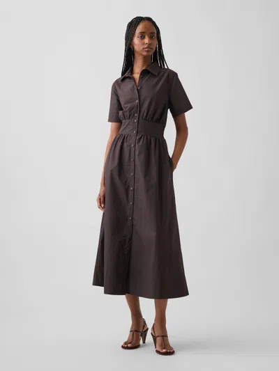 Gap Poplin Smocked-waist Maxi Shirtdress In Brown