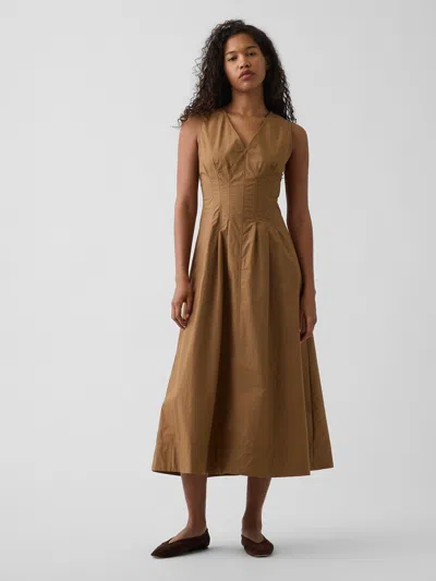 Gap Poplin V-neck Cinched Maxi Dress In Brown