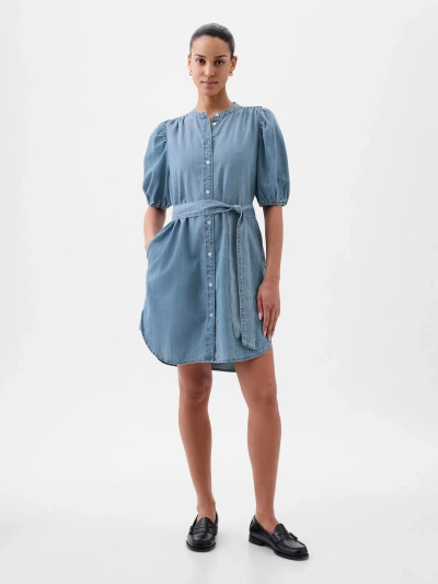 Gap Puff Sleeve Denim Mini Dress In Light Wash Indigo