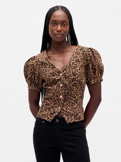 Gap Puff-sleeve Seamed Top In Brown
