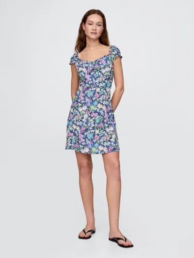 Gap Puff-sleeve Sweetheart Mini Dress In Blue Floral