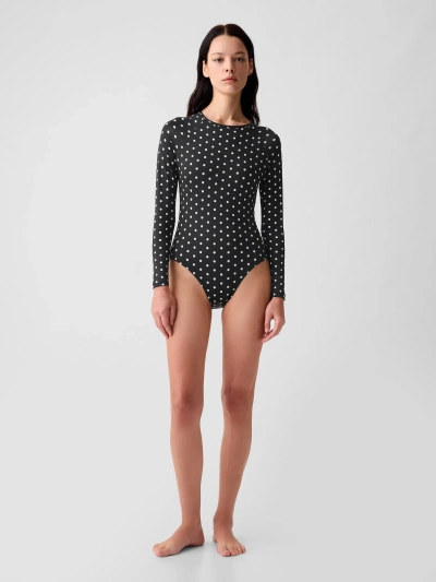 Gap Rash Guard One-piece Swimsuit In Black With White Polka Dots