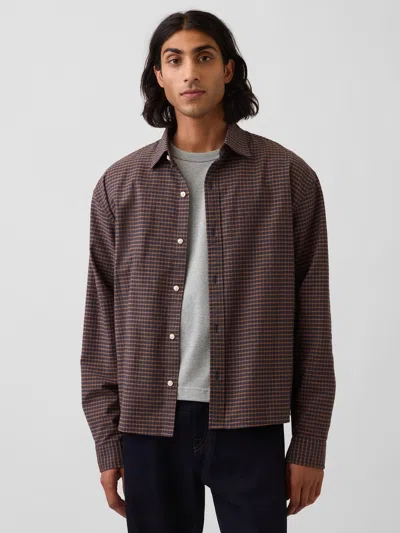 Gap Relaxed Crop Straight-hem Oxford Shirt In Brown & Navy Blue Plaid
