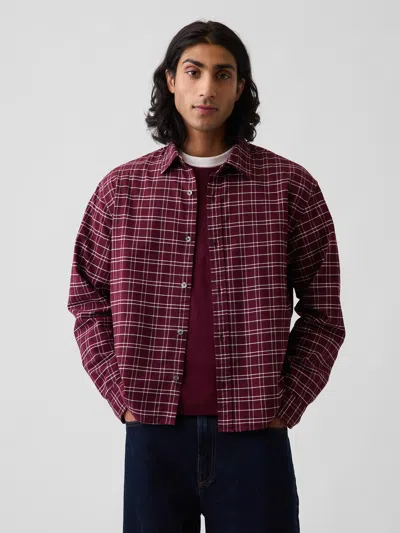 Gap Relaxed Crop Straight-hem Oxford Shirt In Purple Burgundy Plaid