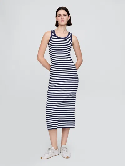 Gap Rib Midi Dress In White And Navy Blue Stripe
