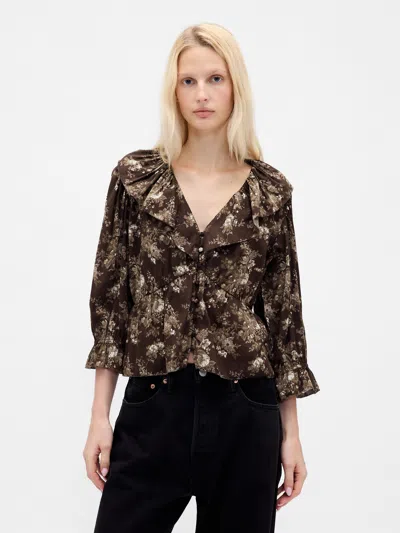 Gap Ruffle Collar V-neck Top In Brown