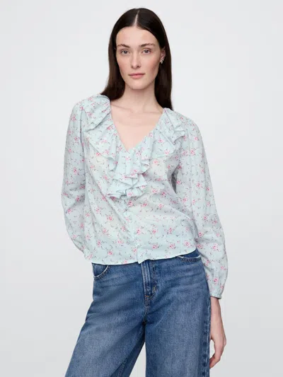 Gap Ruffle V-neck Shirt In Blue & Pink Floral