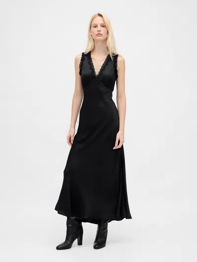 Gap Satin Lace-trim V-neck Maxi Slip Dress In Black